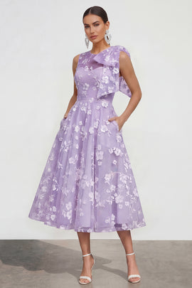 Lilac A Line Round Neck Maxi Wedding Guest Dress with Pockets