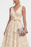 Blue A Line V-Neck Floral Ruched Maxi Wedding Guest Dress with Bow