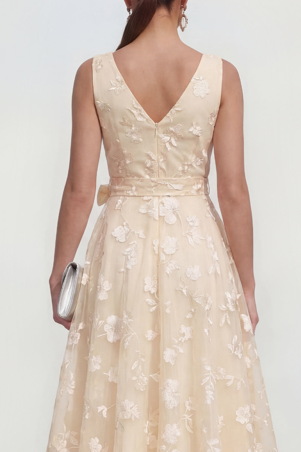 Blue A Line V-Neck Floral Ruched Maxi Wedding Guest Dress with Bow