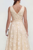 Blue A Line V-Neck Floral Ruched Maxi Wedding Guest Dress with Bow