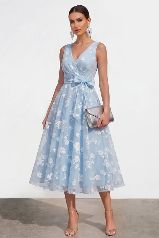 Blue A Line V-Neck Floral Ruched Maxi Wedding Guest Dress with Bow