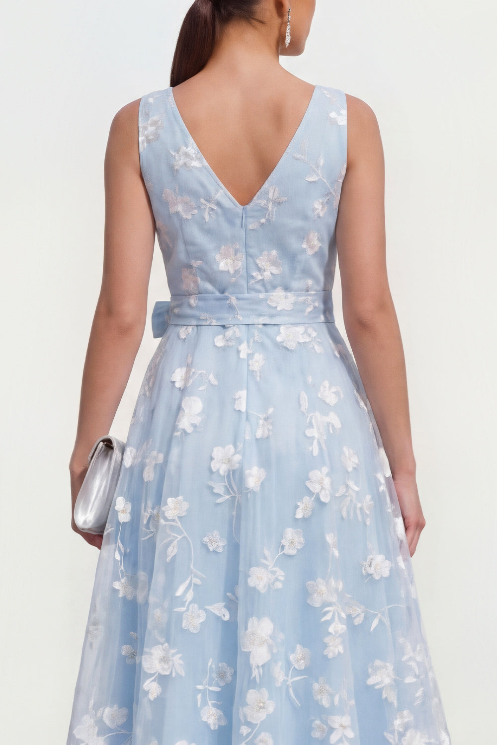 Blue A Line V-Neck Floral Ruched Maxi Wedding Guest Dress with Bow