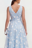 Blue A Line V-Neck Floral Ruched Maxi Wedding Guest Dress with Bow