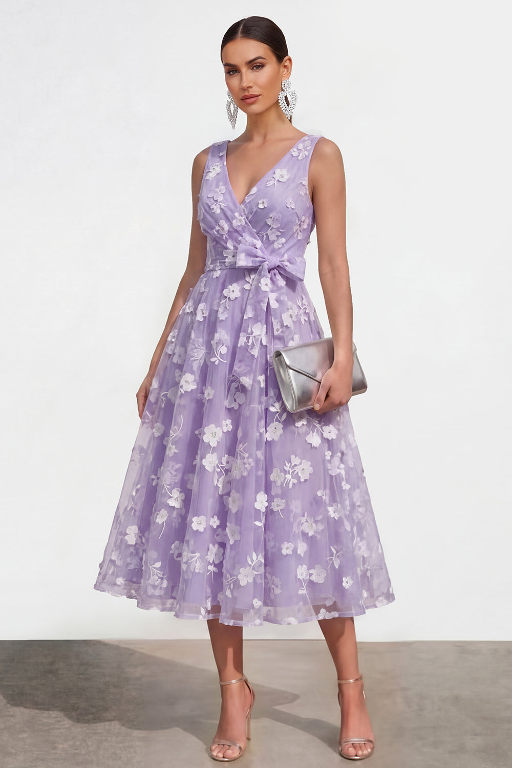 Blue A Line V-Neck Floral Ruched Maxi Wedding Guest Dress with Bow