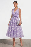 Blue A Line V-Neck Floral Ruched Maxi Wedding Guest Dress with Bow