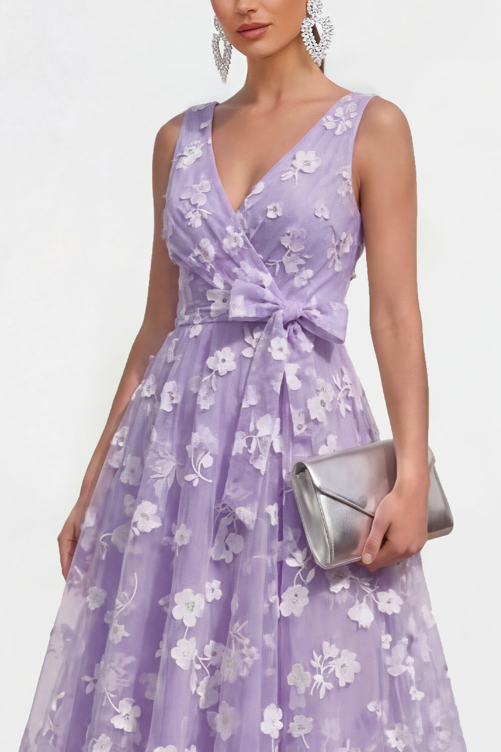 Blue A Line V-Neck Floral Ruched Maxi Wedding Guest Dress with Bow
