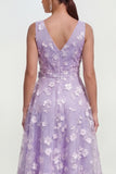 Blue A Line V-Neck Floral Ruched Maxi Wedding Guest Dress with Bow