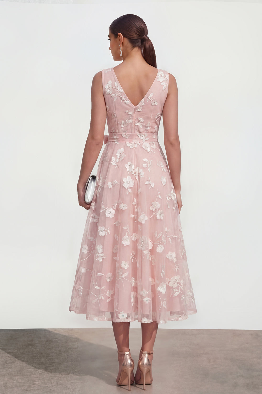 Blue A Line V-Neck Floral Ruched Maxi Wedding Guest Dress with Bow