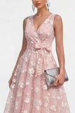 Blue A Line V-Neck Floral Ruched Maxi Wedding Guest Dress with Bow