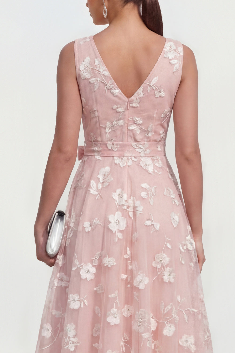 Blue A Line V-Neck Floral Ruched Maxi Wedding Guest Dress with Bow