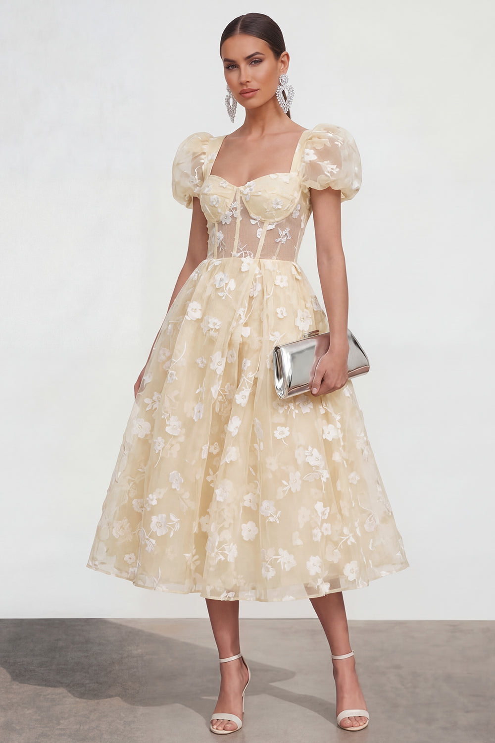 Pink Corset Floral Puff Sleeves A Line Maxi Wedding Guest Dress