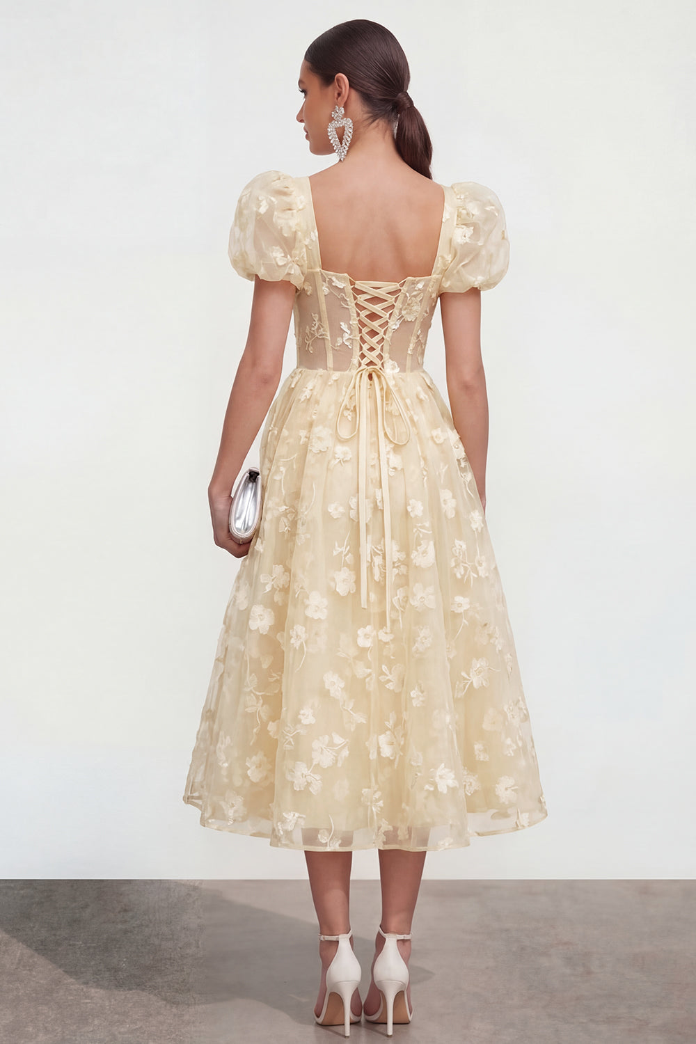 Pink Corset Floral Puff Sleeves A Line Maxi Wedding Guest Dress