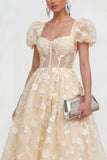 Pink Corset Floral Puff Sleeves A Line Maxi Wedding Guest Dress