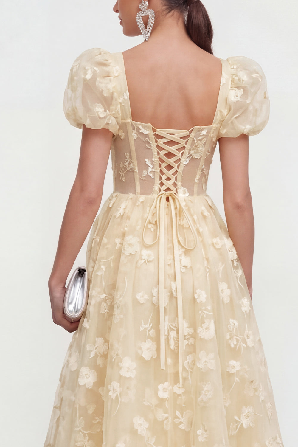 Pink Corset Floral Puff Sleeves A Line Maxi Wedding Guest Dress