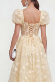 Pink Corset Floral Puff Sleeves A Line Maxi Wedding Guest Dress