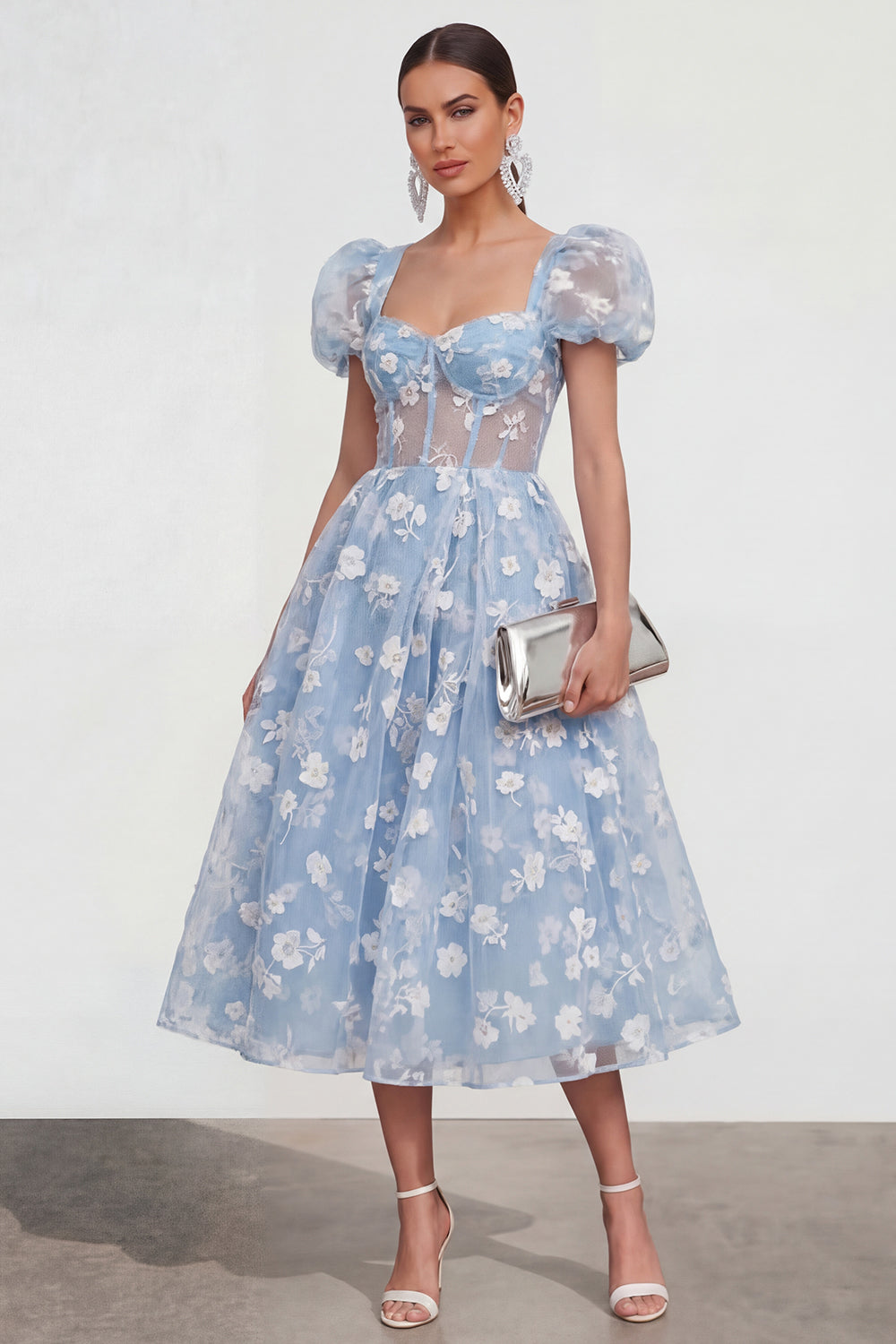 Pink Corset Floral Puff Sleeves A Line Maxi Wedding Guest Dress