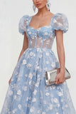 Pink Corset Floral Puff Sleeves A Line Maxi Wedding Guest Dress