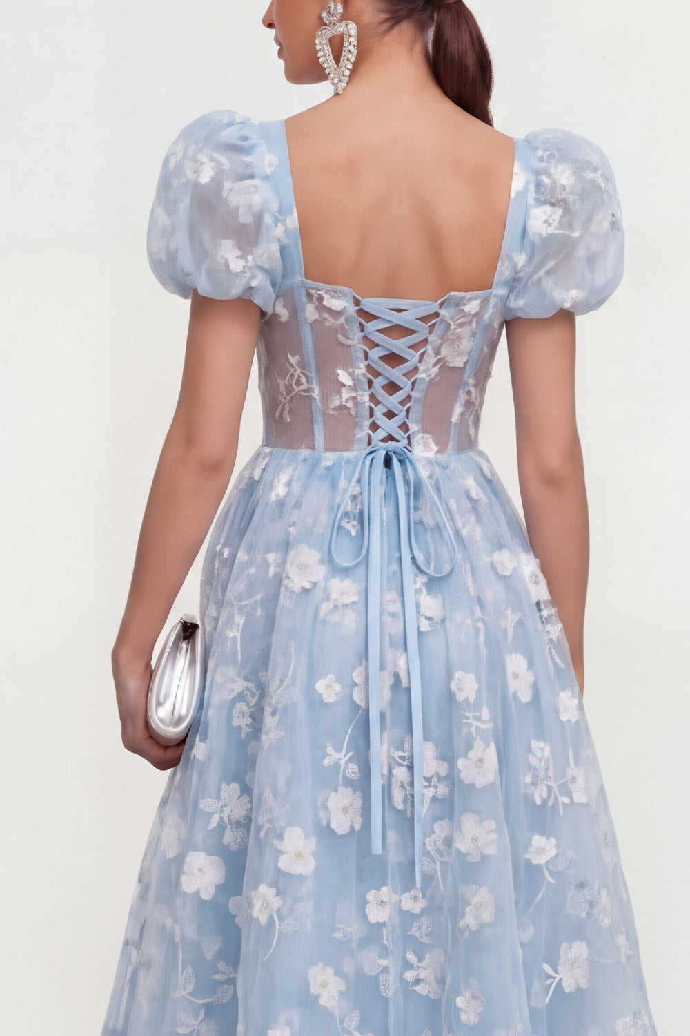 Pink Corset Floral Puff Sleeves A Line Maxi Wedding Guest Dress