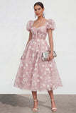 Pink Corset Floral Puff Sleeves A Line Maxi Wedding Guest Dress