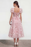 Pink Corset Floral Puff Sleeves A Line Maxi Wedding Guest Dress