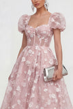 Pink Corset Floral Puff Sleeves A Line Maxi Wedding Guest Dress