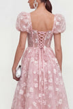 Pink Corset Floral Puff Sleeves A Line Maxi Wedding Guest Dress