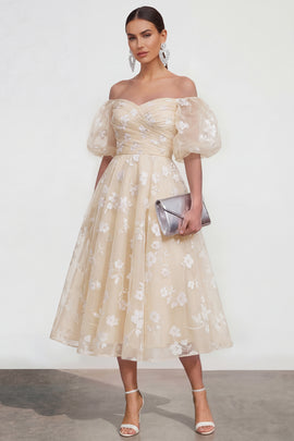 Puff Sleeves Apricot A Line Floral Ruched Maxi Wedding Guest Dress
