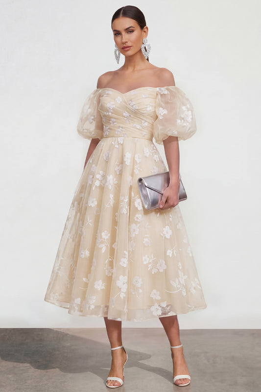Puff Sleeves Apricot A Line Floral Ruched Maxi Wedding Guest Dress