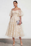 Puff Sleeves Apricot A Line Floral Ruched Maxi Wedding Guest Dress