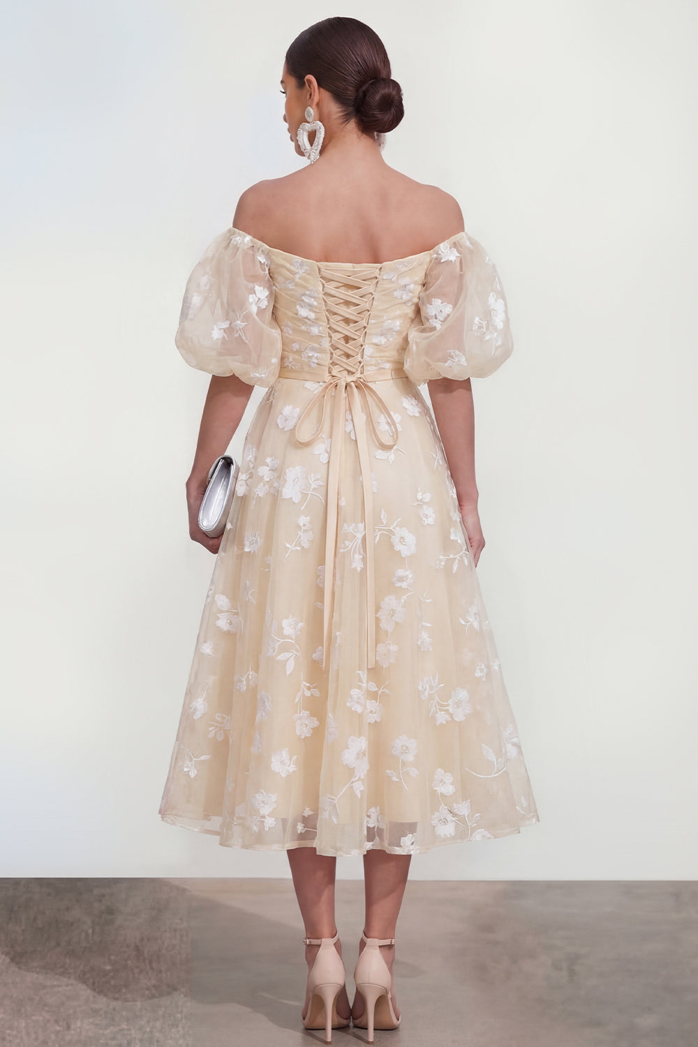 Puff Sleeves Apricot A Line Floral Ruched Maxi Wedding Guest Dress