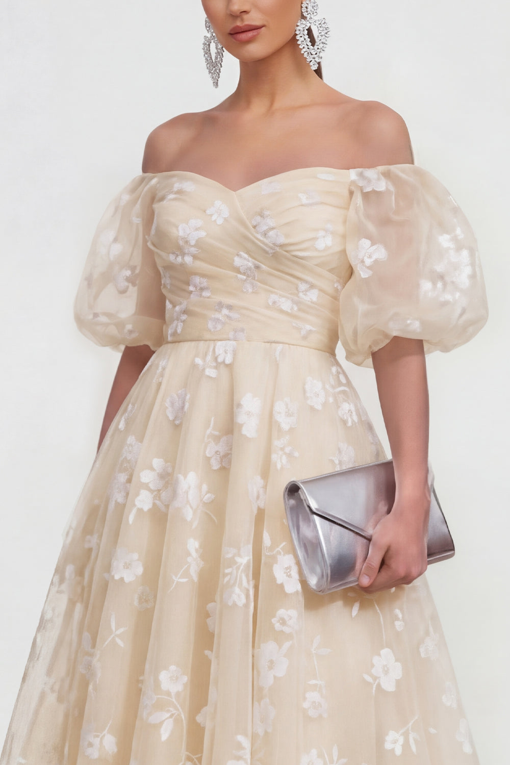 Puff Sleeves Apricot A Line Floral Ruched Maxi Wedding Guest Dress