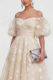 Puff Sleeves Apricot A Line Floral Ruched Maxi Wedding Guest Dress