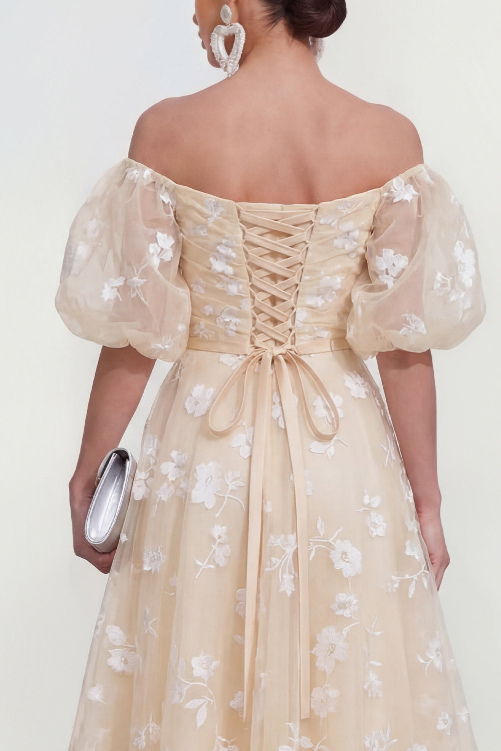 Puff Sleeves Apricot A Line Floral Ruched Maxi Wedding Guest Dress