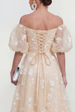 Puff Sleeves Apricot A Line Floral Ruched Maxi Wedding Guest Dress