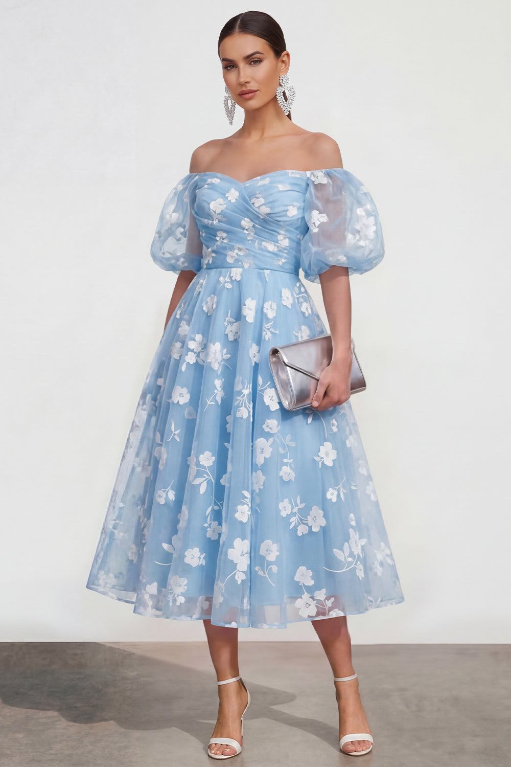 Puff Sleeves Apricot A Line Floral Ruched Maxi Wedding Guest Dress