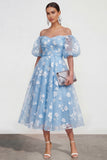Puff Sleeves Apricot A Line Floral Ruched Maxi Wedding Guest Dress