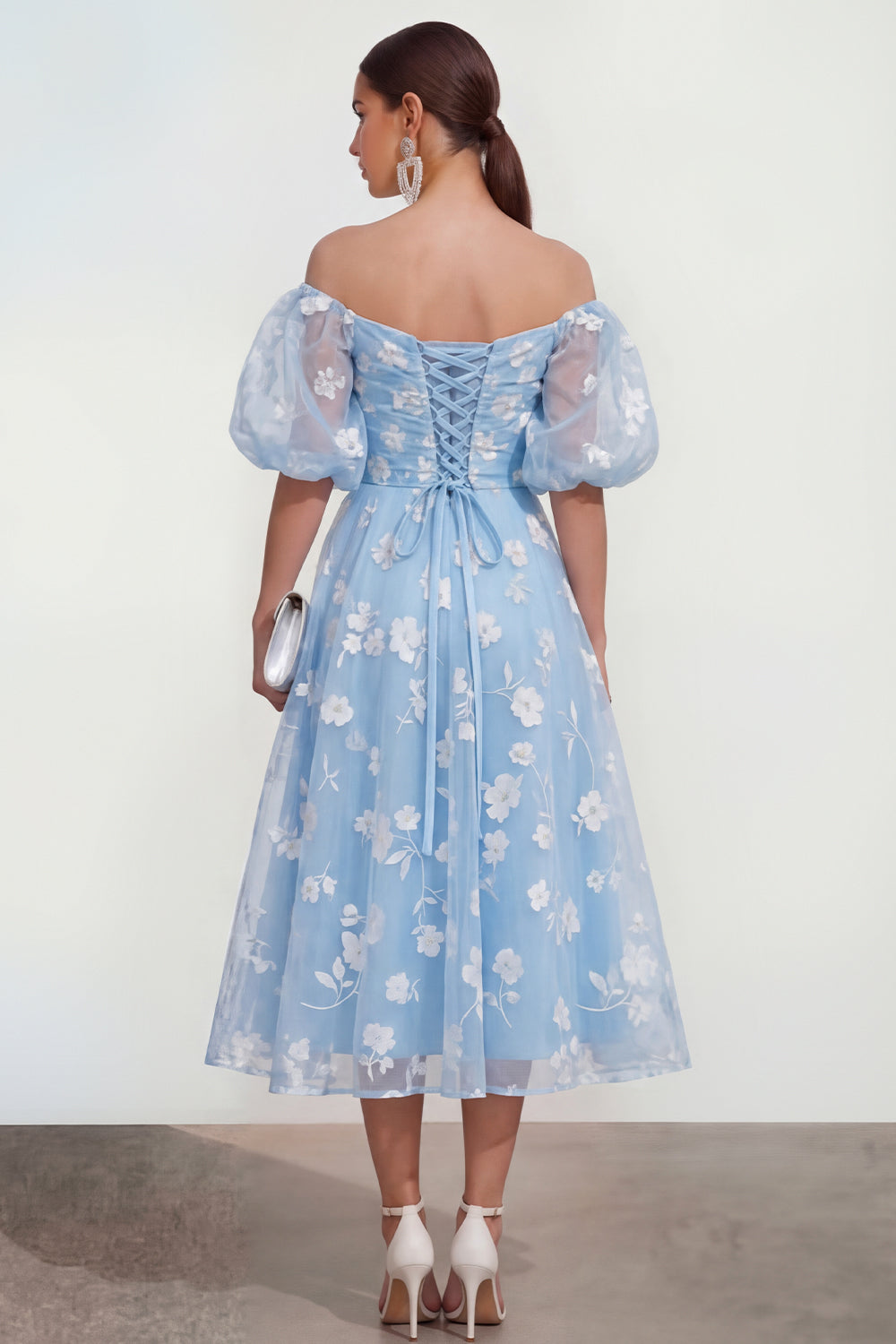 Puff Sleeves Apricot A Line Floral Ruched Maxi Wedding Guest Dress