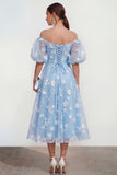 Puff Sleeves Apricot A Line Floral Ruched Maxi Wedding Guest Dress