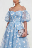 Puff Sleeves Apricot A Line Floral Ruched Maxi Wedding Guest Dress