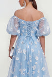 Puff Sleeves Apricot A Line Floral Ruched Maxi Wedding Guest Dress