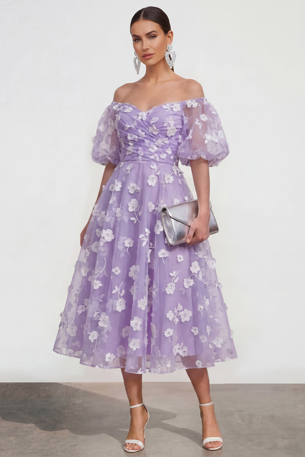 Puff Sleeves Apricot A Line Floral Ruched Maxi Wedding Guest Dress