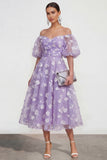 Puff Sleeves Apricot A Line Floral Ruched Maxi Wedding Guest Dress