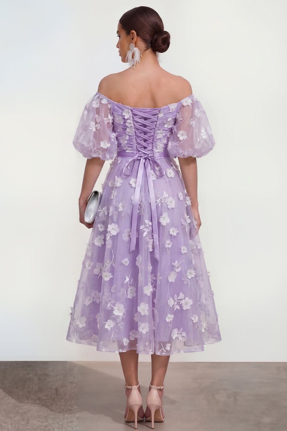 Puff Sleeves Apricot A Line Floral Ruched Maxi Wedding Guest Dress