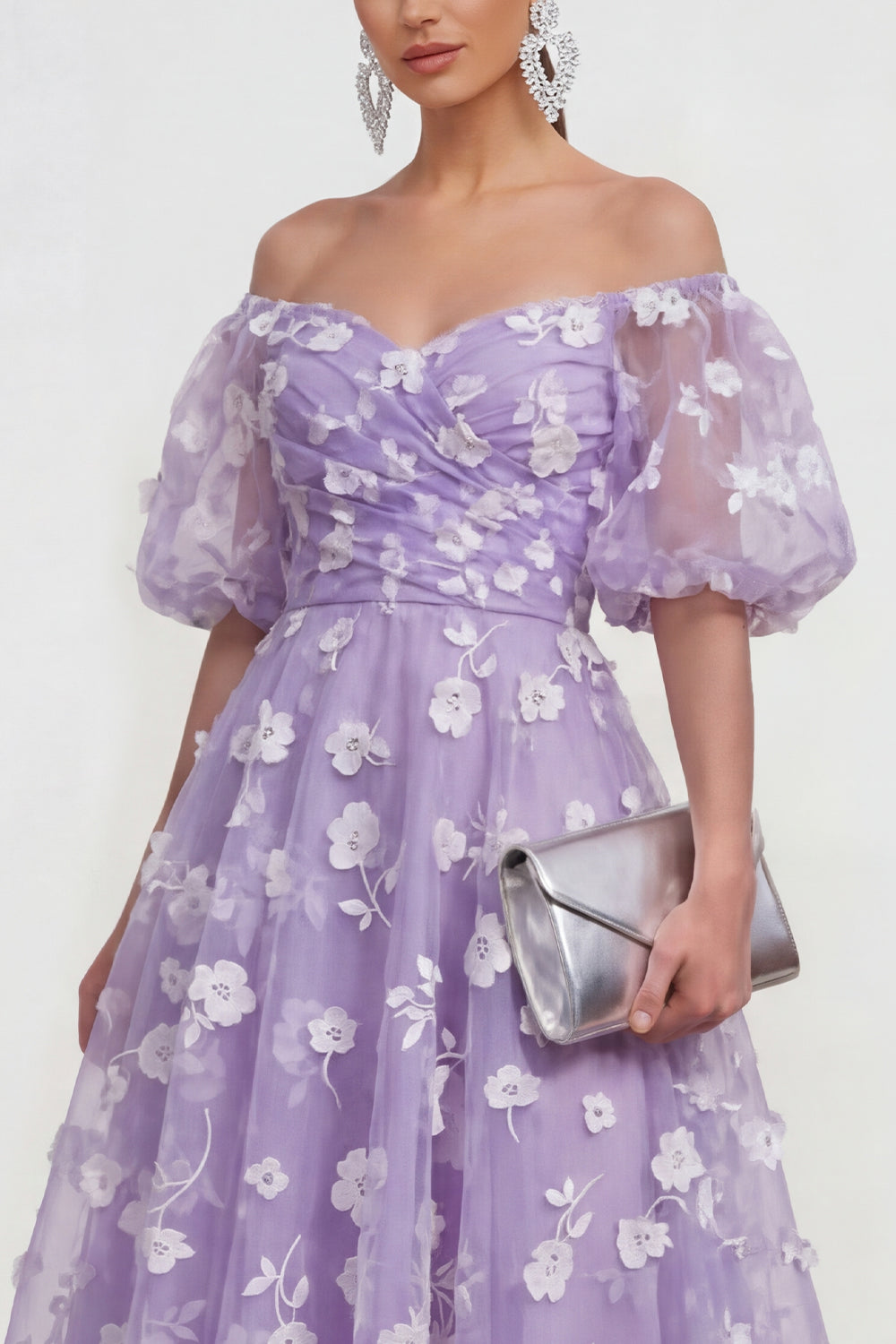 Puff Sleeves Apricot A Line Floral Ruched Maxi Wedding Guest Dress