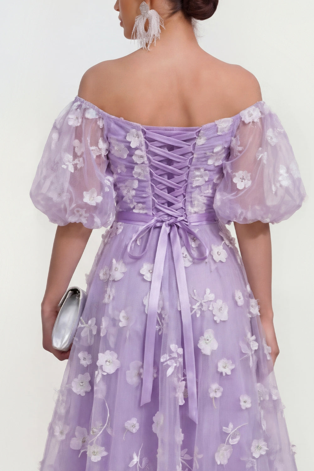 Puff Sleeves Apricot A Line Floral Ruched Maxi Wedding Guest Dress
