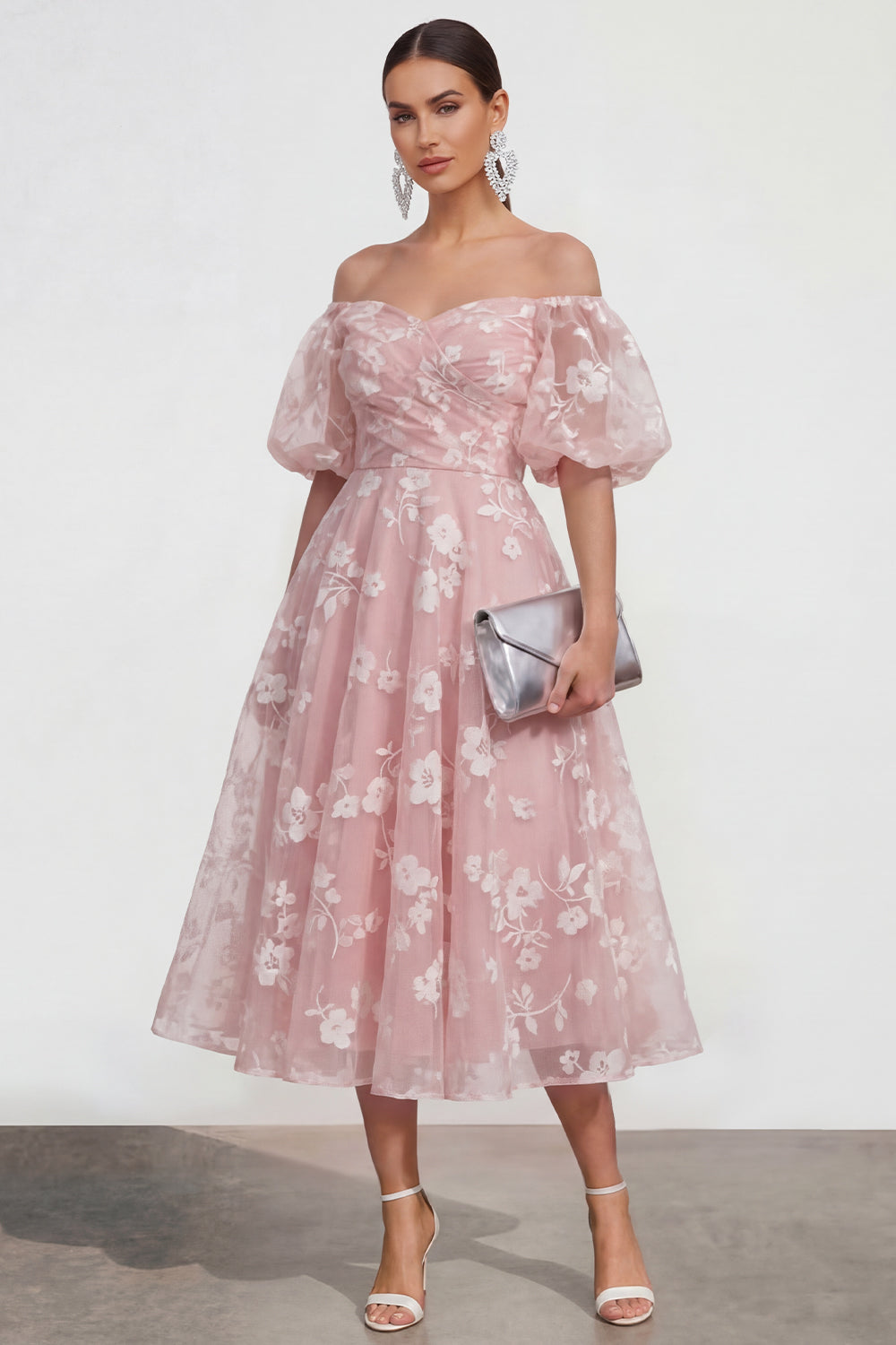 Puff Sleeves Apricot A Line Floral Ruched Maxi Wedding Guest Dress