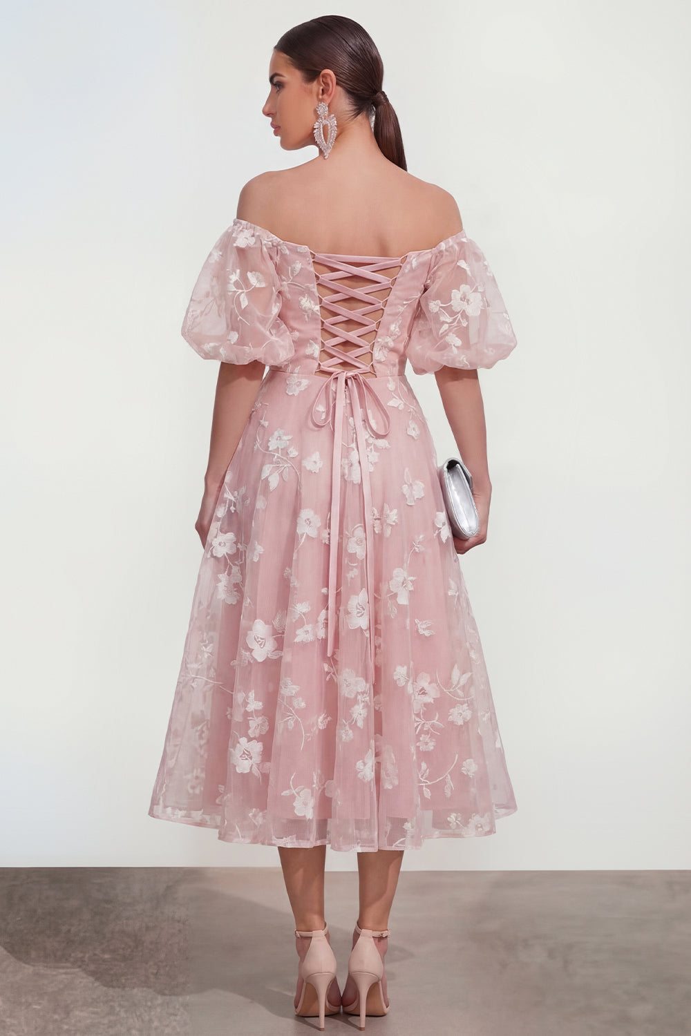 Puff Sleeves Apricot A Line Floral Ruched Maxi Wedding Guest Dress