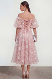 Puff Sleeves Apricot A Line Floral Ruched Maxi Wedding Guest Dress