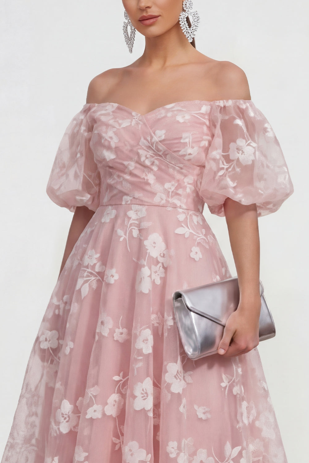 Puff Sleeves Apricot A Line Floral Ruched Maxi Wedding Guest Dress