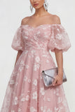 Puff Sleeves Apricot A Line Floral Ruched Maxi Wedding Guest Dress